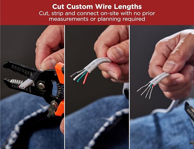 Black+Decker PureOptics Professional Push Wire 100' Jumper Wire Spool for Under Cabinet Lighting, Flat 5/6" or 8mm Cable, 4-Core CL2 Compliant, Non-Metallic, White