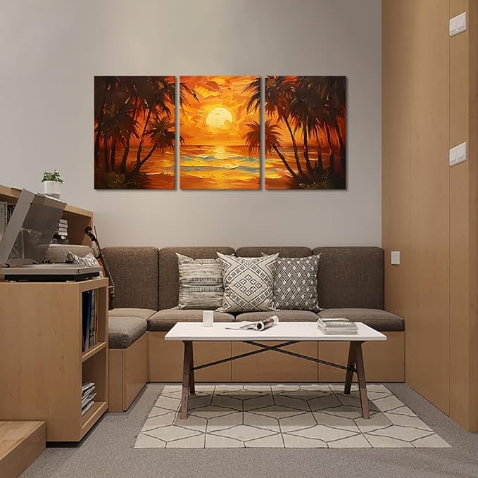 MAMAGO Abstract Beach Wall Decor 3 pieces Orange Skyline Palm Trees Romantic Landscape Canvas Print Picture for Living Room Bedroom Modern Wall Art Framed Easy to Hang-20”W x 28”Hx3pcs