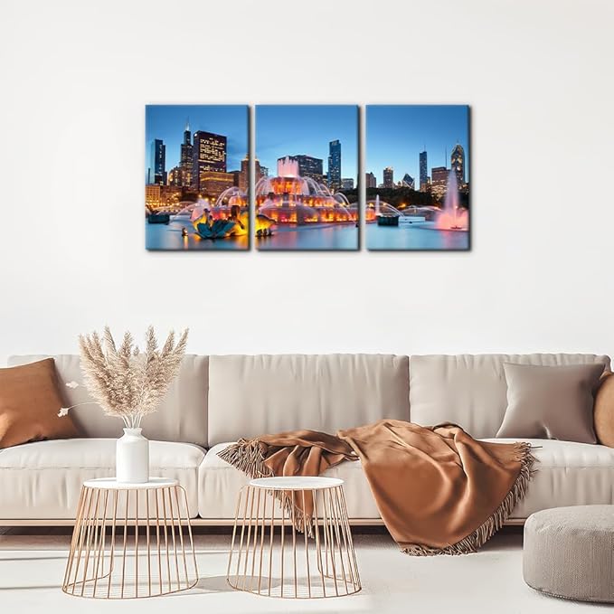Pacimo Buckingham Fountain Canvas Wall Art Grant Park Skyline Painting Picture Wall Decor Chicago Cityscape Gallery Wrapped Posters Prints Modern Artwork for Living Room Bedroom - 12"x16"x3 Panels