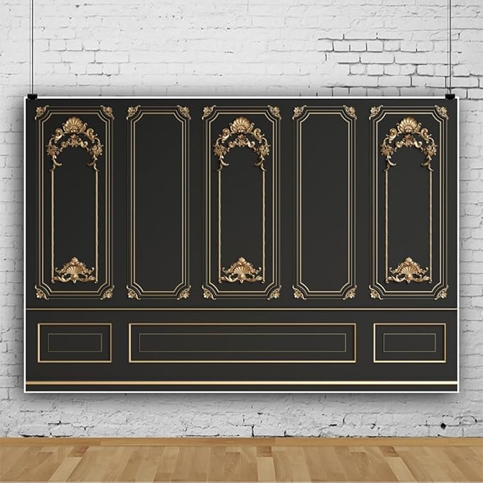 Leyiyi 12x10ft Gold Black Vintage Room Inside Backdrop European Frame Modern House French Castle Cementery Wall Retro Style Photo Background Cowboy Kids Birthday Portrait Studio Props Vinyl Wallpaper