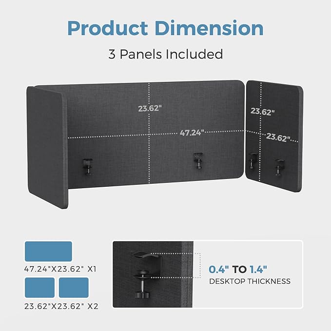 47.2 Inch Desk Divider Panels Set, Acoustic Divider Panel for Privacy, Fabric Wrapped Room Dividers for Office, Easy Assemble, Dark Grey