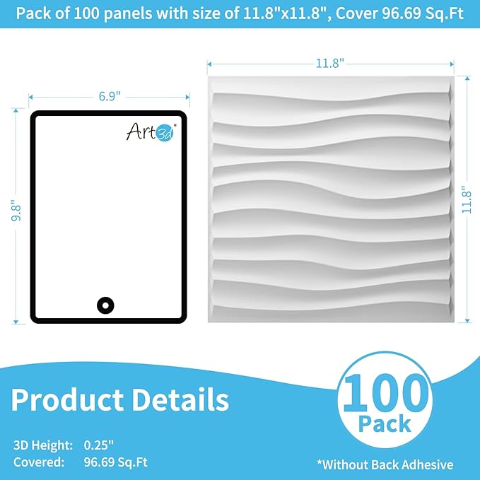 Art3d 100 Pack Decorative 3D Wall Panels, 97 Sq.Feet PVC Interior Wall Décor, 11.8"x11.8", White