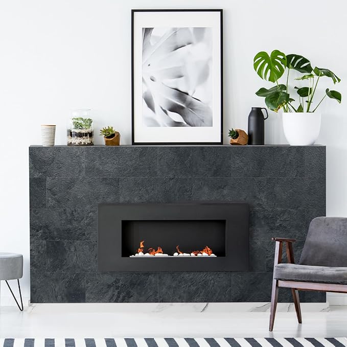 AULIGET 2-Piece Black Slate Peel and Stick Backsplash Wall Tiles, 6" x 12" PVC Faux Stone Stick on Tiles for Backsplash Kitchen, Bathroom, Laundry Room, Camper, Fireplace