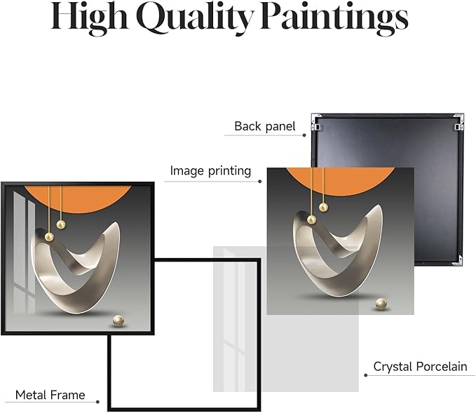 4 Piece Framed Modern Wall Art Set, Abstract Luxury Geometric Prints Artworks, Contemporary Minimalist Orange Gray and Gold Pictures Painting for Living Room, Bedroom, Hallway and Office