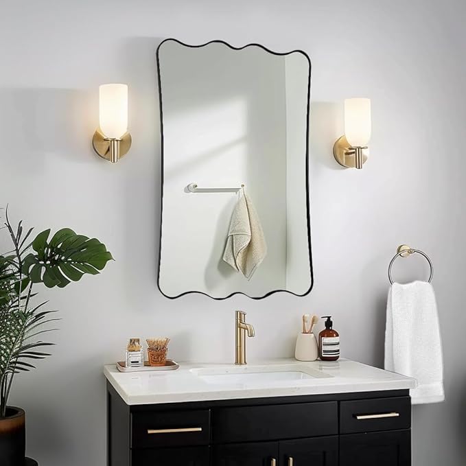 ANDY STAR 24x36 Wavy Rectangle Bathroom Mirror, Matte Black Scalloped Mirror with Curved Design, Irregular Wall Mirror for Vanity, Powder Room, Wall Decor, Stainless Steel Frame, Anti-Rust