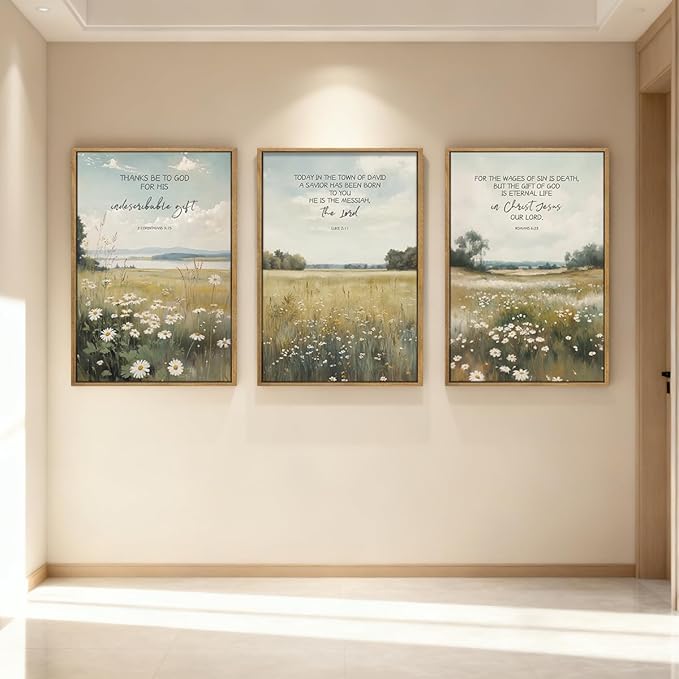 Anyzal Christian Jesus Wall Art Bible Scripture Wall Decor Farmhouse Wildflower Paintings Set of 3 for Living Room Bedroom Dining Room16x24 Inch
