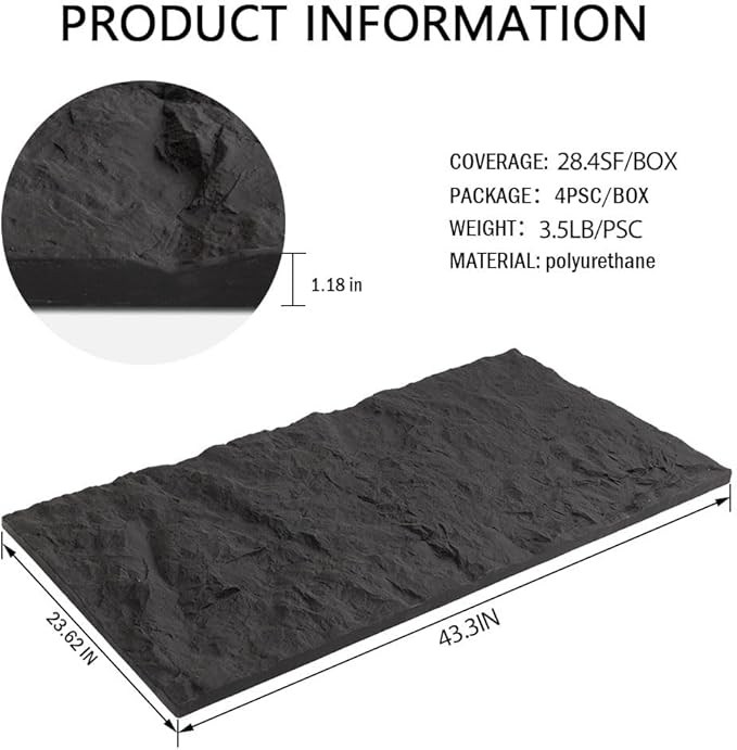 4-Pack 3D PU Stone Wall Panels for Interior Decor - Graphite Black, 43.30"x23.62"x1.18" | Faux Stone Accent Wall Tiles, Lightweight & Waterproof