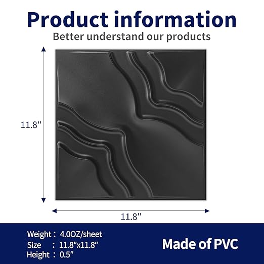 Art3dwallpanels 33 Pack 3D Wall Panel, 2 Different Effects PVC Textured Wall Panels for Interior Wall Décor, 12 x12 Inch Cover 32.Sq.Ft, Black