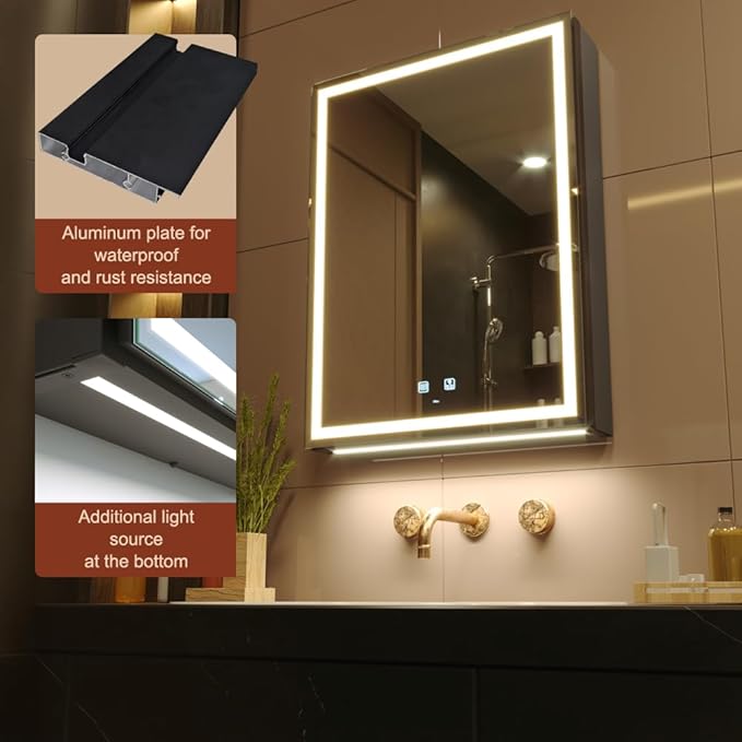 KWW LED Lighted Bathroom Medicine Cabinet with Sockets & USBs, Defogger, Dimmable, 3 Color Light Makeup Mirror, Easy to Install, Wall Mounted Cabinet (Left Hinge, 20 * 28)