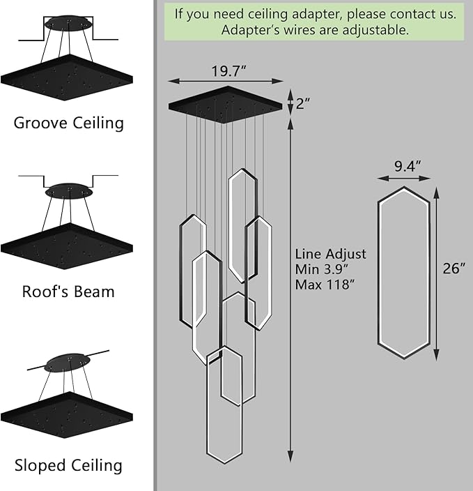 6-Rings Chandelier Modern, Black Contemporary LED Light for Living Room Entrance, Dimmable Flush Mount High Ceiling Chandeliers with Remote Control for Villa Foyer