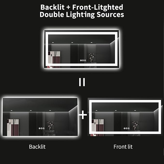 LOAAO 60X36 LED Bathroom Mirror with Lights, Anti-Fog, Dimmable, Backlit + Front Lit, Lighted Bathroom Vanity Mirror for Wall, Memory Function, Tempered Glass, ETL Listed
