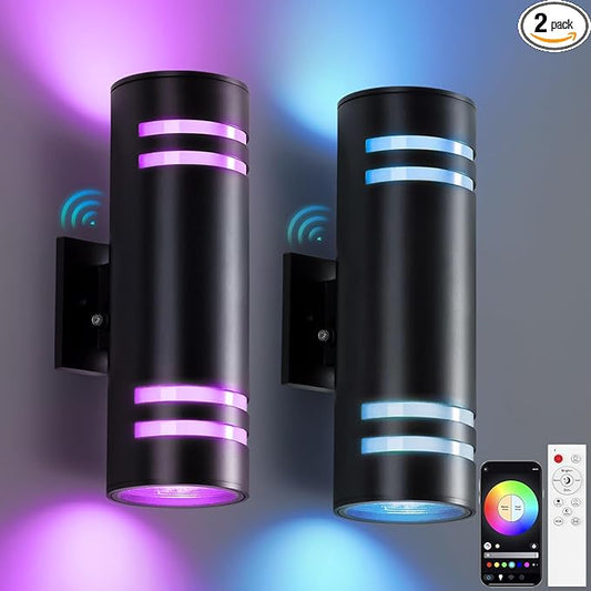 KIZON Smart Dusk to Dawn Outdoor Lighting RGB Color Changing Porch Lights 2 Pack, Cylinder Modern Outdoor Wall Lights Waterproof Exterior Light Fixture Wall Mount Up Down Lights with Remote Control