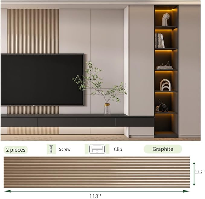 2PCS 3D Acoustic Slat Wall Panels Circle Design Fluted Textured Panel for Interior Wall Decor 118"x6" (Graphite)