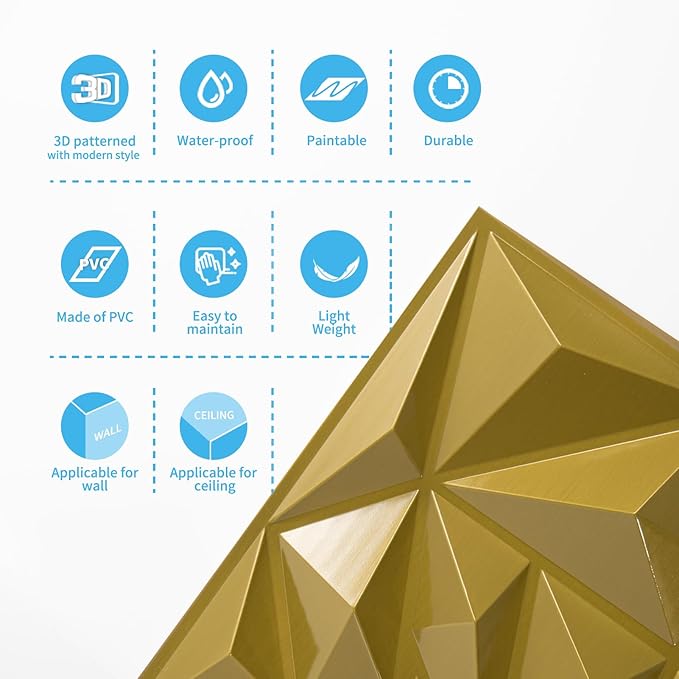 Art3d 33-Pack 3D Wall Panels for Interior Wall Decor, Diamond Textured Feature Wall Paneling for Gaming Living Room TV Wall Background Accent Wall - 12 x 12 inch Gold