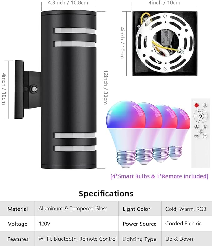KIZON Smart Dusk to Dawn Outdoor Lighting RGB Color Changing Porch Lights 2 Pack, Cylinder Modern Outdoor Wall Lights Waterproof Exterior Light Fixture Wall Mount Up Down Lights with Remote Control