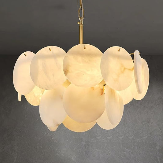 Alabaster Chandelier, 18.1" Natural Spanish Marble Stone Texture Chandeliers, 4-Light Dimmable Round Alabaster Chandelier, Modern Luxury Lighting for Living Room, Dining Room, Bedroom, Hallway