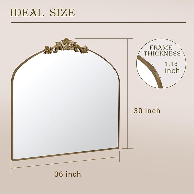 MISSDAY Vintage Retro Bronze Baroque Mirror for Wall, 36"X30" Arched Antique Wall Mirror with Elegant Carving Top, Full Metal Frame Wall-Mounted Mirror for Bathroom, Living Room, Fireplace, Entryway