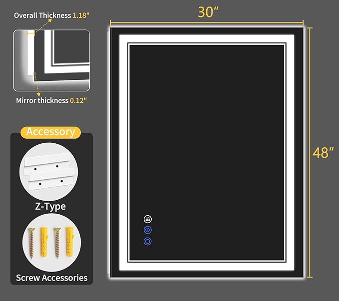 30"x48" LED Bathroom Mirror with Lights, Anti-Fog, Backlit + Front Lit, Dimmable, Led Vanity Mirror for Wall, Lighted Bathroom Mirror, 3 Colors, Shatter-Proof Tempered Glass