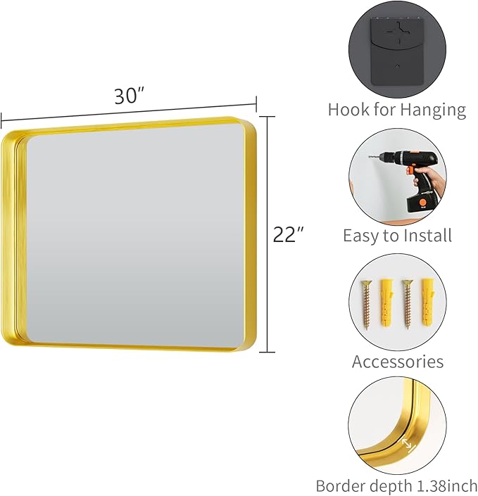 Koonmi Bathroom Mirror 22x30 Inch Wall Mounted Mirror Metal Deep Framed Rounded Corner Wall Mirror, Shatterproof Tempered Glass for Farmhouse Bedroom Vanity, Vertically or Horizontally, Gold