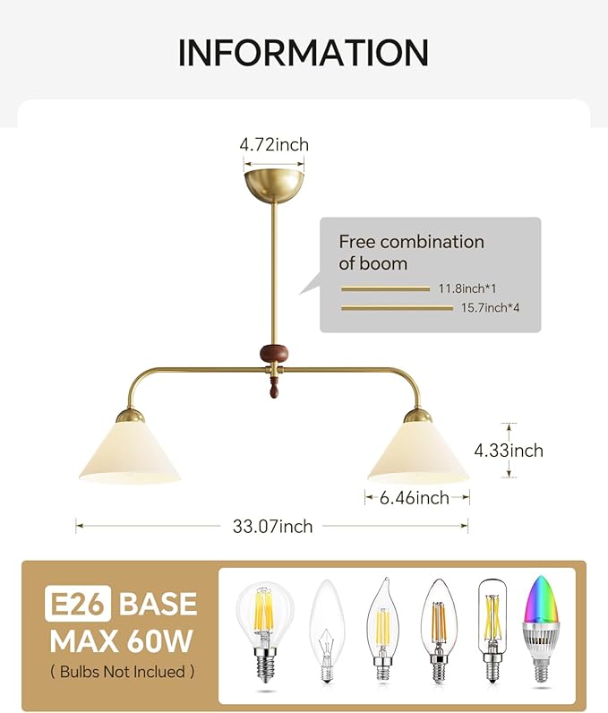 Linear Chandelier, Modern Chandelier for Dining Room Light Fixture, Dining Light Fixtures with Milk Glass Shade Pendant Lights Kitchen Island for Restaurant, Living Room (Gold + Wood, 2-Lights)