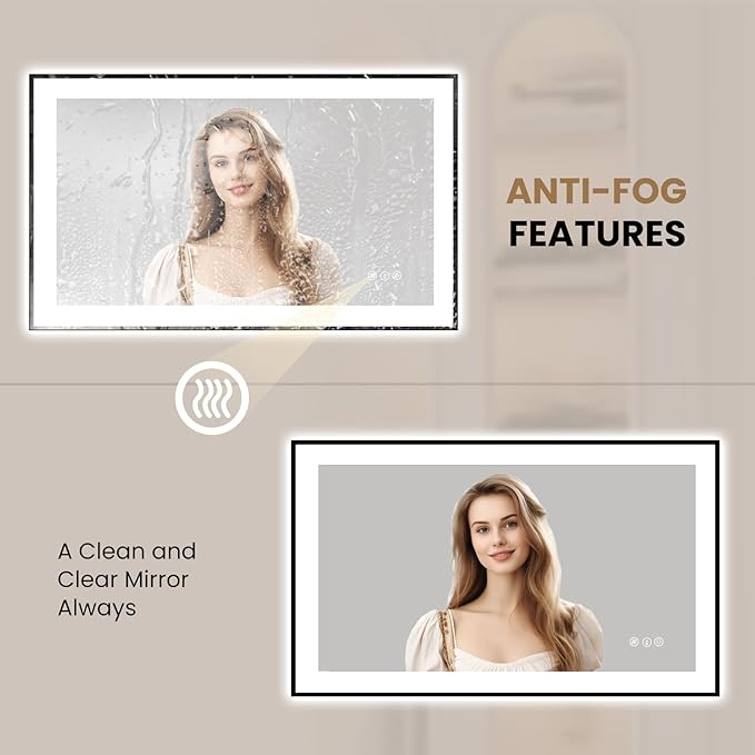 LOAAO 40"X24" LED Bathroom Mirror Black Framed, Anti-Fog, Dimmable, Lighted Bathroom Vanity Mirror for Wall, Memory Function, Tempered Glass