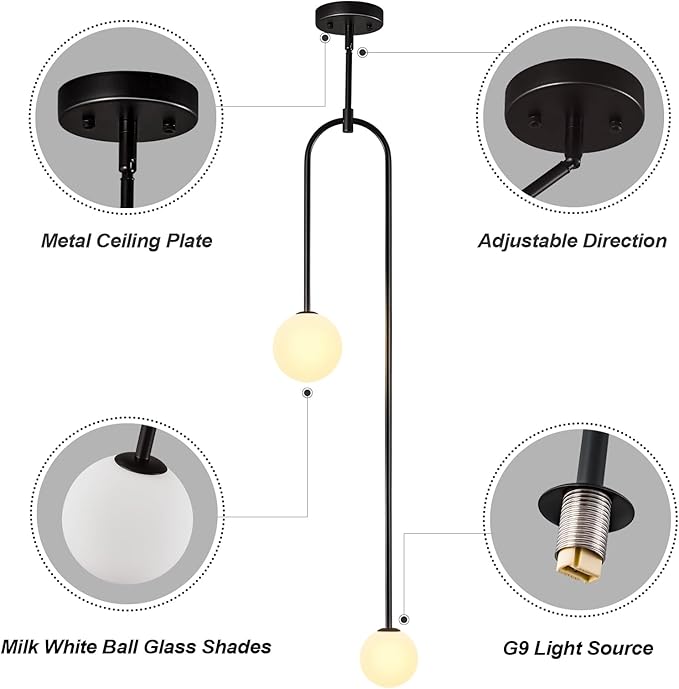 Modern Milk Glass Pendant Light 2 Light Mid Century Chandelier Small Glass Globe Black Pendant Lights for Kitchen Island Bedroom Dining (1 Pack)