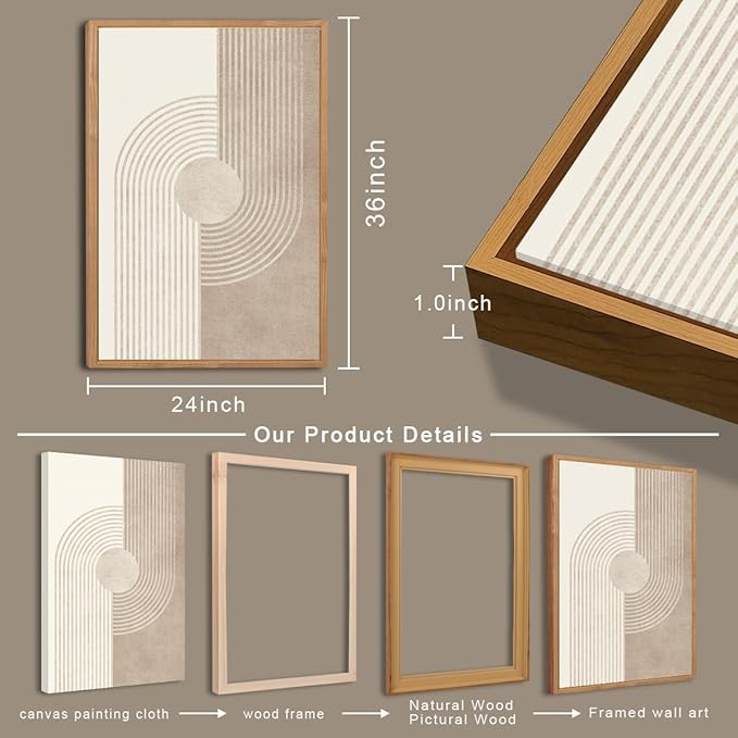 BINCUE Neutral Abstract Wall Art Beige Large Wall Decor Boho Mid Century Modern Artwork Art Print for Living Room Bedroom Office 24"x36" Set of 3 Gift