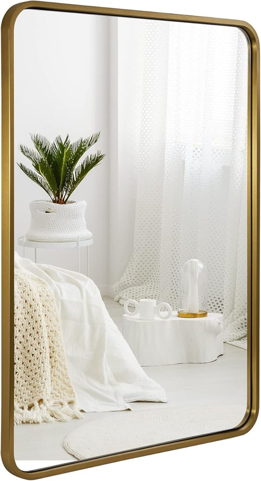 ANDY STAR Brushed Gold Mirrors for Bathroom, 24x36’’ Rounded Rectangle Mirror, Modern Brass Bathroom Vanity Mirror Non-Rusting Metal Tube Framed 1’’ Deep Wall-Mounted Mirrors Vertical/Horizontal