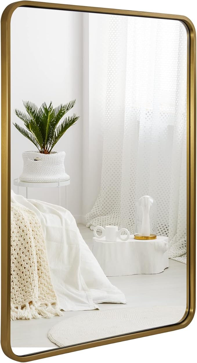 ANDY STAR 28x36 INCH Gold Mirror Bathroom, Brushed Gold Mirrors for Wall in Anti-Rust SUS304 Tube Metal Frame, Rounded Rectangle Mirrors 1’’ Deep Wall Mounted Vertically/Horizontal for Bathroom