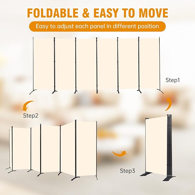 6 Panel Folding Privacy Screens, 6 FT Tall Wall Divider with Metal Frame, Freestanding Room Divider for Office Bedroom Study (6 Panel, Beige)