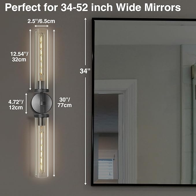 Black Wall Sconces Set of Two, 30" Modern Wall Lighting, Double Lights with Clear Glass Tubes, Knurled Vanity Light for Bathroom, Living Room, Bedroom, Hardwired (Including Bulb)