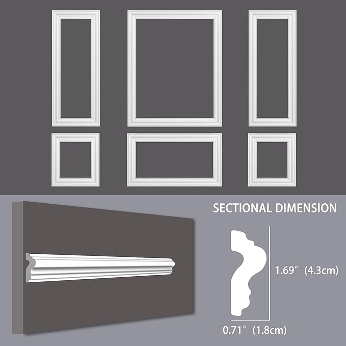 6-Frame Premade Accent Wall Molding Kit, Ready-to-Assemble Wainscoting Panels, Pre-Cut Chair Rail Moulding Trim for Home Décor