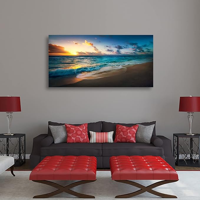 Beach Pictures Wall Art Canvas Prints Seascape Themed Decor for Home Sea Ocean Sunset Paintings for Living Room Bathroom Wall Decorations Natural Landscape Artwork Wooden Picture Frames 24x48 inches