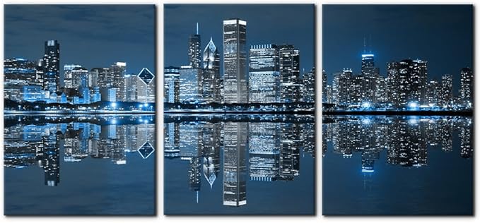 Pacimo Chicago Cityscape Modern Canvas Wall Art Prints Artwork Skyscrapers at Night View Paintings City Skyline Pictures Painting for Home Decorations Decor Framed Ready to Hang - 20"x28"x3 Panels