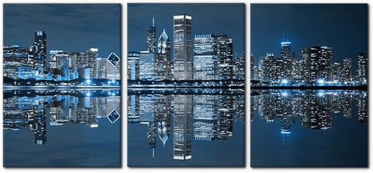 Pacimo Chicago Cityscape Modern Canvas Wall Art Prints Artwork Skyscrapers at Night View Paintings City Skyline Pictures Painting for Home Decorations Decor Framed Ready to Hang - 20"x28"x3 Panels