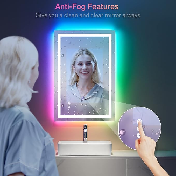 LOAAO 28"X36" LED Bathroom Mirror with Lights, Anti-Fog, Dimmable, RGB Backlit + Front Lighted, Bathroom Vanity Mirror for Wall, Memory Function, Tempered Glass (Safe to Use)