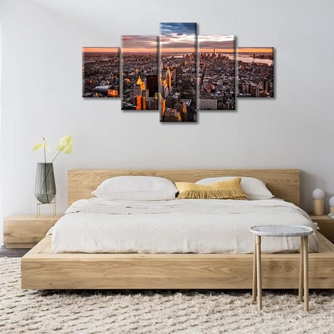 American Cityscape Home Decor Manhattan Skyline Wall Art Posters and Prints Bedroom 5 Pieces City Sunset Panorama Pictures Wall Decor Living Room Giclee Print Gallery Packaging Artwork (60"Wx32"H)