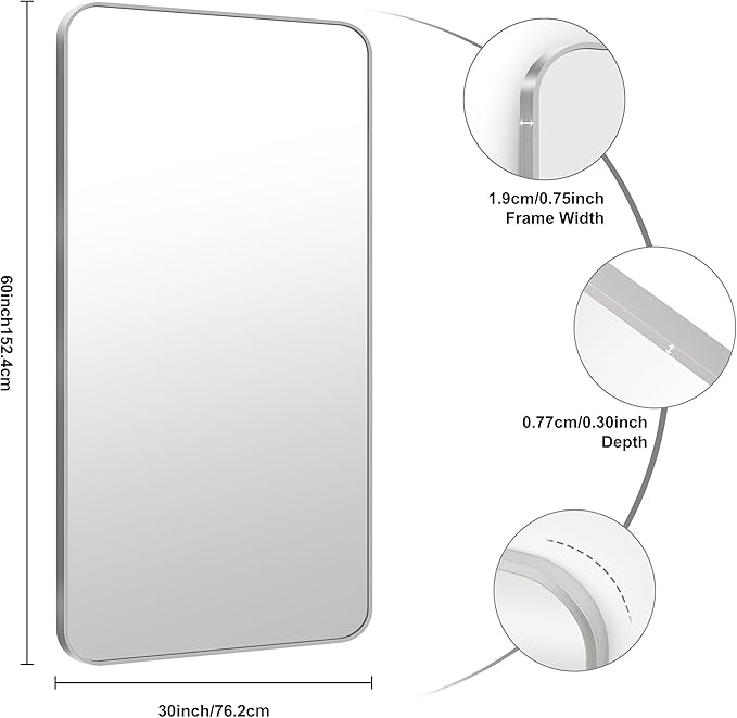 KOCUUY Silver Bathroom Mirror, 60x30 Inch Large Bathroom Mirror for Over Sink, HD Tempered Glass, Anti-Rust Brushed Silver Frame, Rounded Corner Modern Design for Bathroom, Hang Horizontal/Vertical