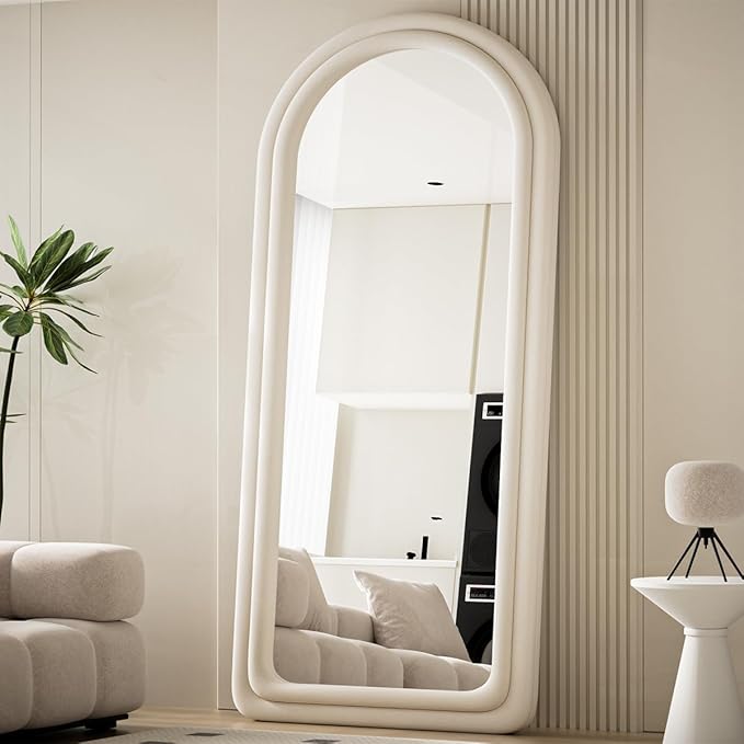 Koonmi 63"x24" Arched Mirror Full Length, Full Body Freely Standing Mirror, Flannel Floor Mirror with Stand for Bedroom, Living Room, Hanging or Against The Wall, White