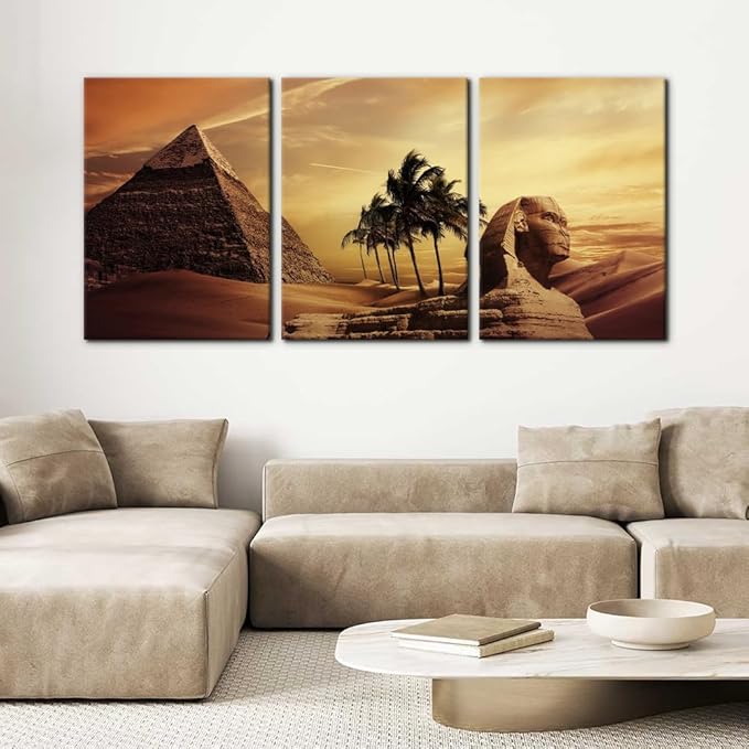 Pacimo Ancient Egypt Secrets Painting on Canvas Pyramid Sphinx Modern Wall Art Home Decoration for Living Room Pictures Multi Panel HD Printed Post and Prints Framed Ready to Hang - 20"x28"x3