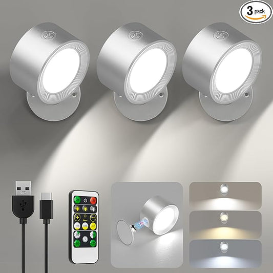 Lightbiz LED Reading Lights, Wall Lights Sconces 3 Pcs with Remote Rechargeable Battery Operated, 3 Color Temperatures & Dimmable Light Magnetic Ball 360°Rotation, Lamps for Study Bedside Closet
