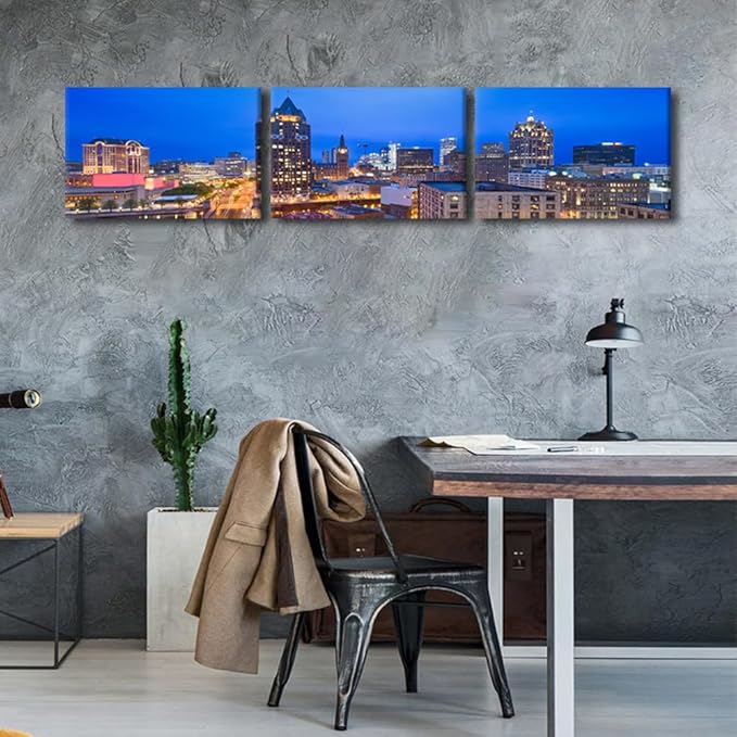 Native American Decor Skyline of Downtown Milwaukee Wall Art Cityscape Pictures Wisconsin, USA Panoramic Paintings Canvas City Skyline at Dusk Artwork Home Decor Framed Ready to Hang 14x60 Inch