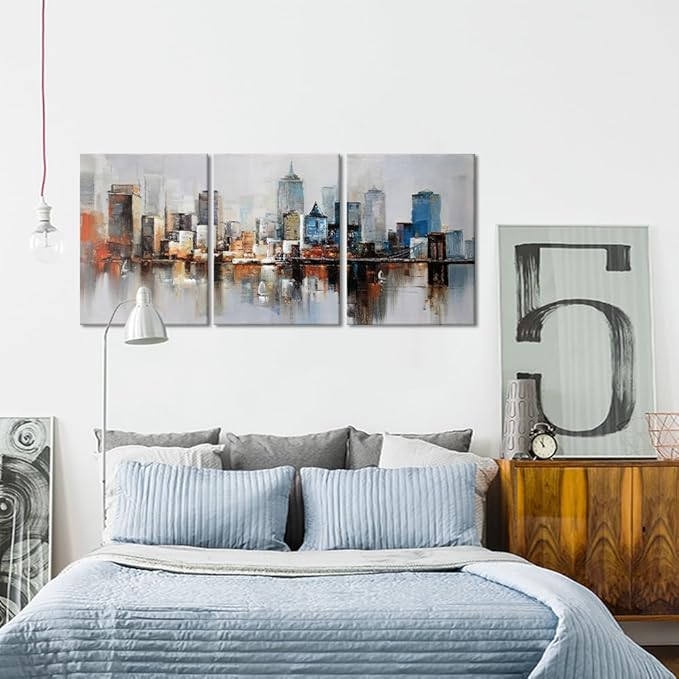 MAMAGO 3 Panel Vintage New York City Wall Decor Modern Abstract Cityscape Canvas Print Poster for Bedroom Living Room Office Wall Art Framed Ready to Hang-12”W x 16”Hx3pcs