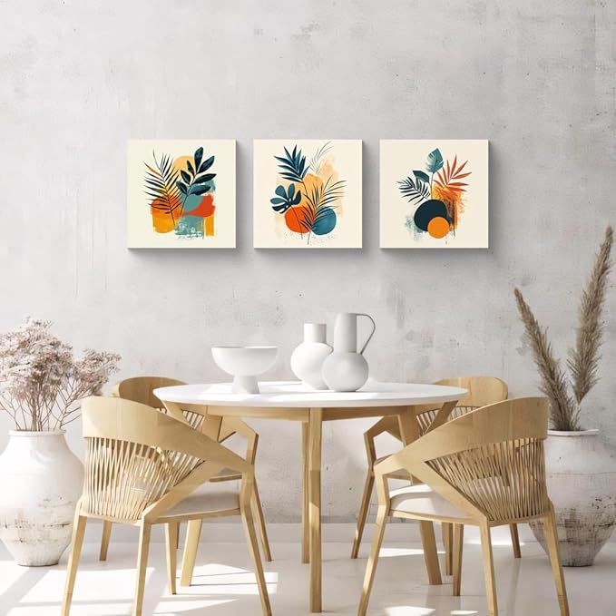 NAN Wind 3Pcs Tropical Leaf Wall Art Palm Frond and Foliage Canvas Print with Bold Orange Teal Yellow Shapes Mid-Century Modern Botanical Plant Pictures for Boho Living Room Bedroom Office Wall Decor