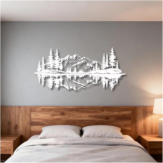 Mountain View Metal Wall Art,Nature Landscape Home Decor with Reflection,Black Iron Sculpture for Bedroom Garden Living Room Outdoor Office(White,30 x14 in/76x35 cm)