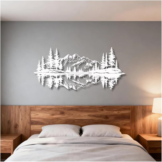 Mountain View Metal Wall Art,Nature Landscape Home Decor with Reflection,Black Iron Sculpture for Bedroom Garden Living Room Outdoor Office(White,41 x19 in/105x49 cm)