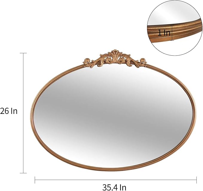 Oval Gold Mirror for Bathroom Vanity, Baroque Ornate Vintage Wall Mirror with Large Rounded Metal Frame, Decorative Antique Brass Mirror for Bedroom, Dresser, Entryway (Gold, 24”x 35.5" x1.2")