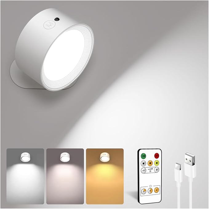 LED Wall Mounted Lights, Rechargeable Wall Sconces Lamp, 3 Color Temps & Remote and Touch, 360°Rotation Dimmable Cordless Wall Light for Study Bedroom Reading Bedside(White, 1 Pack)
