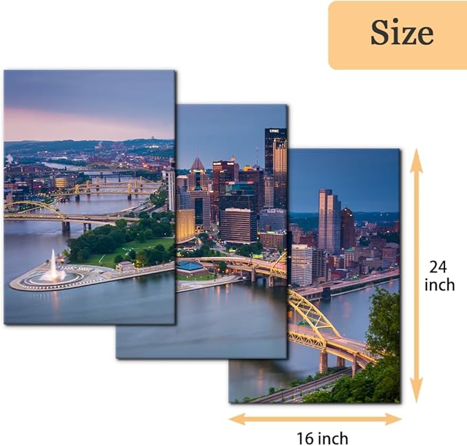 Pacimo Canvas Wall Decor for Living Room Bedroom Office Pittsburgh Cityscape Wall Art for Decorations Mount Washington Canvas Wall Prints City Skyline Picture for Home Decor Framed - 16"x24"x3 Panels