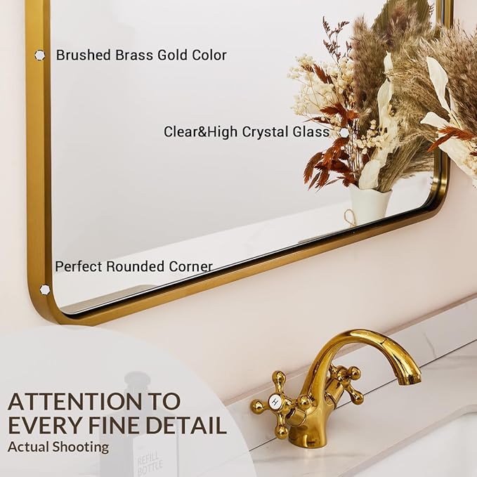 ANDY STAR 48x32 Inch Gold Bathroom Mirror, Brushed Gold Mirrors for Wall in Anti-Rust SUS304 Tube Metal Frame, Rounded Rectangle Mirrors 1’’ Deep Wall Mounted Vertically/Horizontal for Bathroom